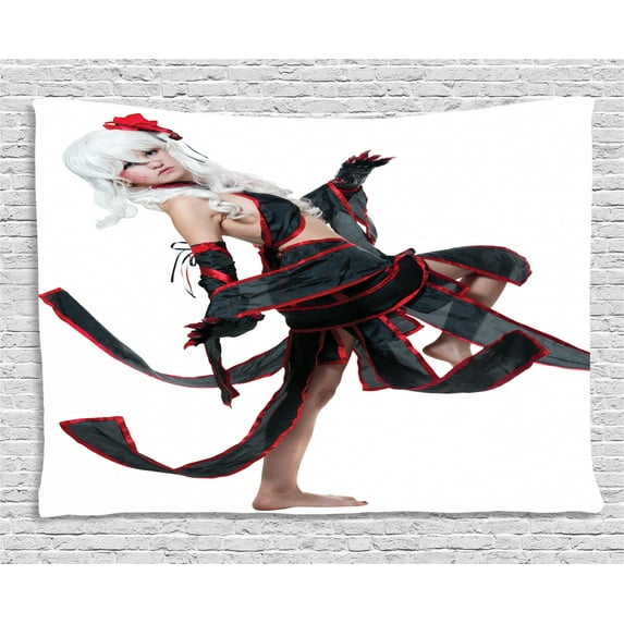Anime Tapestry, Posing Warrior Girl in Manga Style Japanese Culture Themed Illustration Art, Wall Hanging for Bedroom Living Room Dorm Decor, 60W X 40L Inches, Red White and Black, by Ambesonne