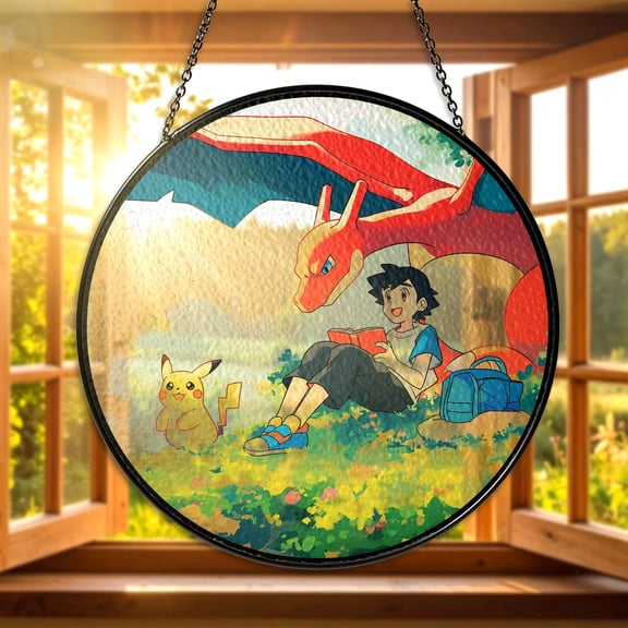 Anime Trainer Pikachu Charizard Stained Glass Suncatcher, Pikachu Window Hanging, Anime Trainer Art Decor, Glass Panel Ornament, Fans Gift