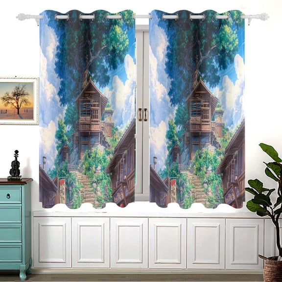 Anime Tree Landscape Painting Blackout Curtains for Living Room Bedroom 55W x 54L Insulated Window Drapes 2 Panels