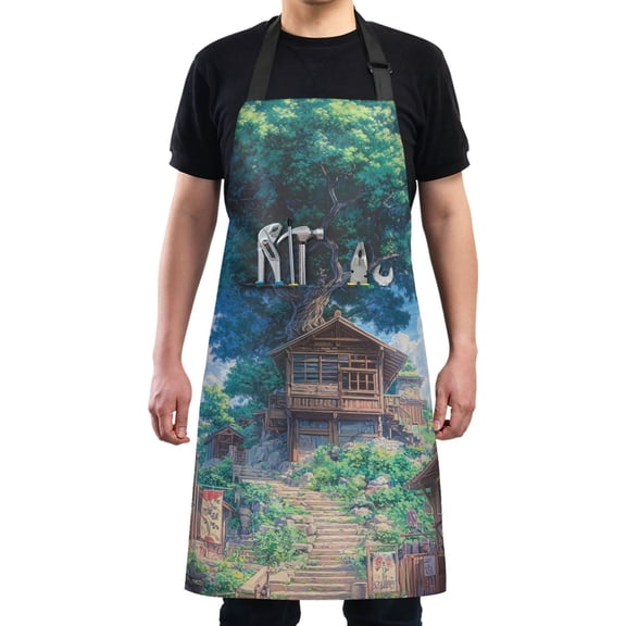 Anime Tree Landscape Painting Chef Kitchen Apron with Pockets for Women Waterproof Aprons for Cooking Baking
