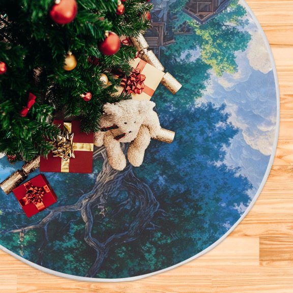 Anime Tree Landscape Painting Christmas Tree Skirt Stand Mat Waterproof Floor Protection Mat for Holiday Decoration