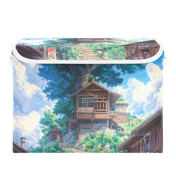 Anime Tree Landscape Painting Large Storage Bins with Linen Collapsible Lid Storage Box 16.7 x 12.6 x 11.8in