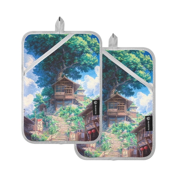 Anime Tree Landscape Painting Oven Mitts Pot Holders 2 pcs Heat Resistant for Kitchen Baking Grilling
