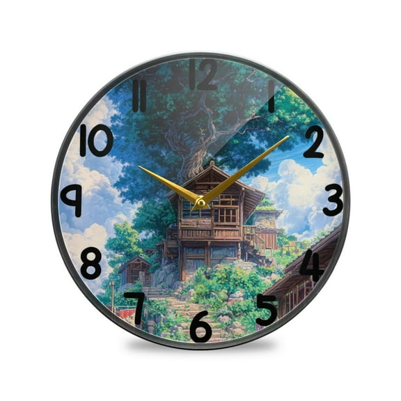 Anime Tree Landscape Painting Round Acrylic Wall Clock Silent Battery Operated Home Decor for Living Room Bedroom