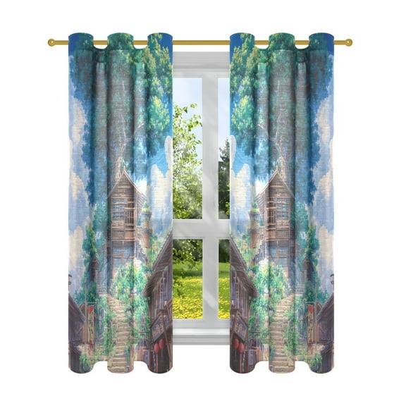 Anime Tree Landscape Painting Semi Sheer Curtains for Living Room Bedroom Set of 2 Insulated Window Drapes