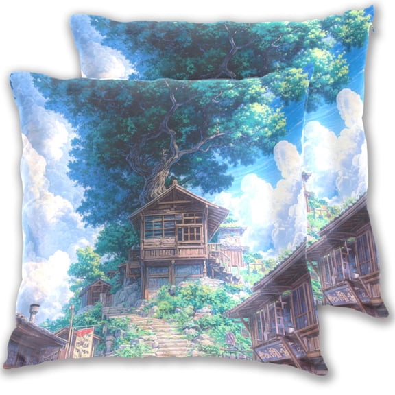 Anime Tree Landscape Painting Throw Pillow Covers 16x16 Inch 2 Packs Decorative Square for Living Room Couch Bed Sofa