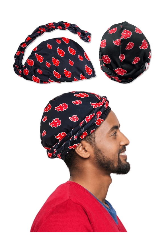 Anime Turban for Men - Satin Hair Wrap Head Scarf Halo Lined Stretch Head Wraps Wave Cap with Long Twisted Straps, Black Akat