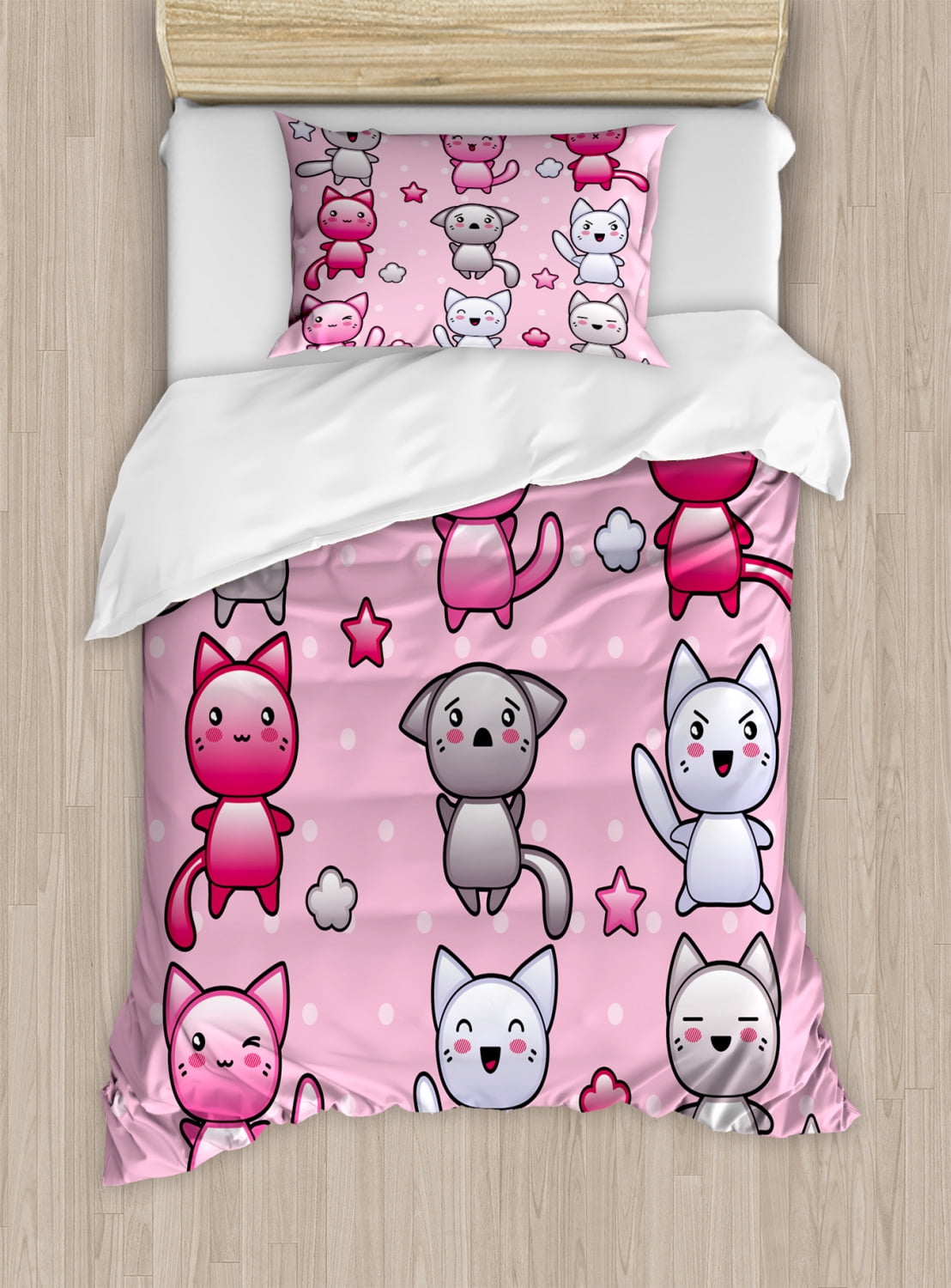 Pink and Gray Anime Kitty Twin Duvet Cover Set