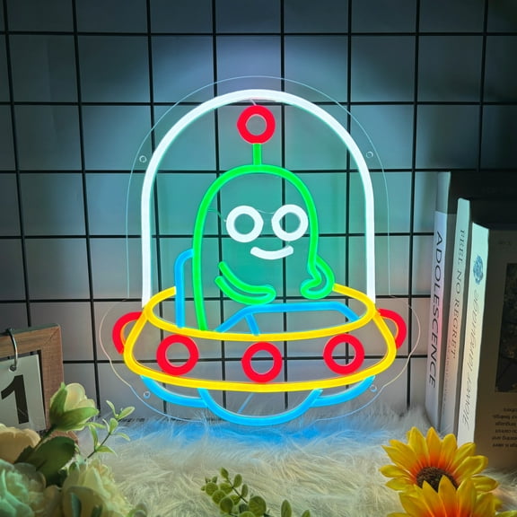 Anime UFO Neon Sign for Wall Decor, Cute Alien Led Signs for Home Decor, Dimmable Neon Light Sign for Bedroom, Game Room, Living Room, Bar Decoration, USB Powered Light Up Signs for Man Cave