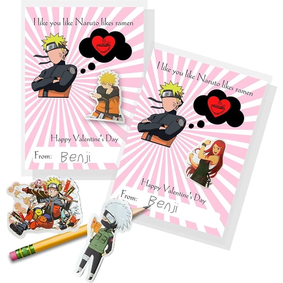 Anime Valentine's Pack 30 Cards, and 30 Stickers Valentines Day Cards Love You Like Ramen Design