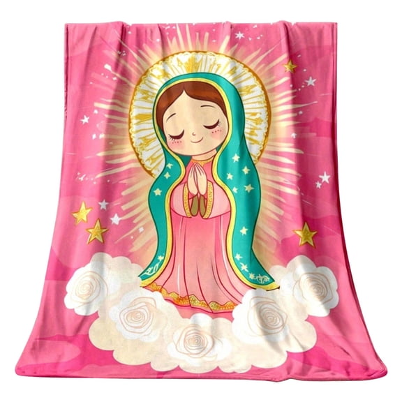 Anime Virgin Mary & Our Lady of Guadalupe Flannel Throw Blanket, Soft Pink Cozy Bed Throw for Women, Christian Catholic Gift for Festival, Pop Art Design for Couch, Gaming & Travel Comfort
