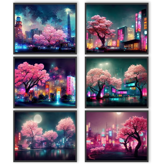 Anime Wall Art, Japanese Fantasy Night View City Neon Light, Skyscraper Buildings Pink Cherry Sakura Tree Poster - Bedroom Wall Decor (Anime Decor, 8"x10" UNFRAMED)