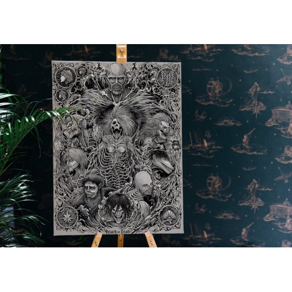 Anime Wall Art attack on titan poster detailed black white collage titan faces intricate art decor for bedroom studio 8x12 UNFRAMED