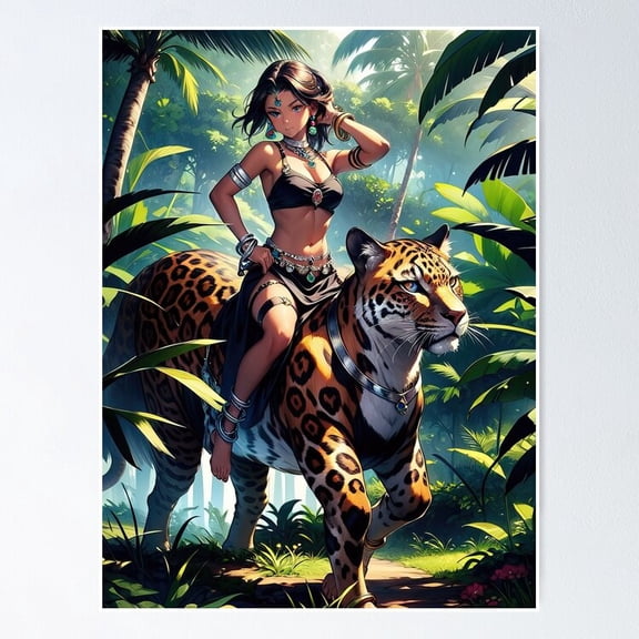 Anime Warrior Girl Riding Spotted Leopard Forest Fantasy Landscape Art, Unframed Canvas