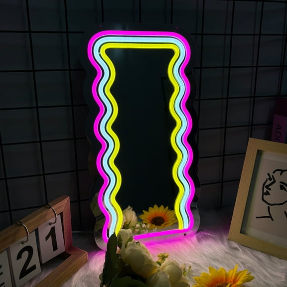 Anime Wave Mirror with Light Neon Signs for Wall Decor, Neon Mirror with Dimmable for Teen Girls Gift，Makeup Mirror Neon Signs Cute Acrylic Mirror for Girls Room