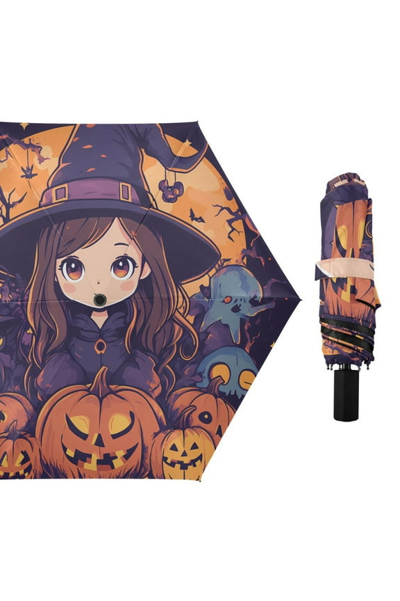 Anime Witch Surrounded by Pumpkins Compact Sun Umbrella Windproof Travel Umbrellas for Rain Strong Portable UV Protection