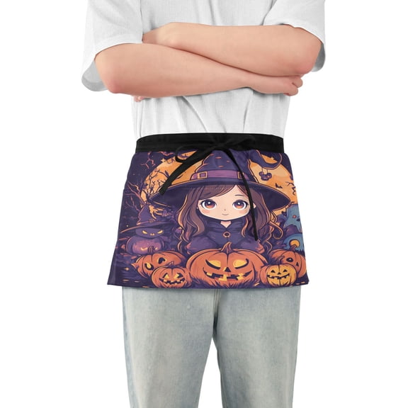 Anime Witch Surrounded by Pumpkins Server Apron with 3 Pockets Waterproof Waitress Waist Short Apron for Man Woman 12 Inches