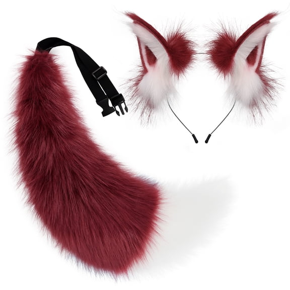 Anime Wolf Fox Cat Ears Headbands Poseable Tail Set,Fluffy Fox Wolf Cosplay Costumes,Fursuit Therian Accessories for Halloween