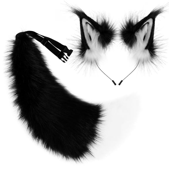 Anime Wolf Fox Cat Ears Headbands Poseable Tail Set,Fluffy Fox Wolf Cosplay Costumes,Fursuit Therian Accessories for Halloween