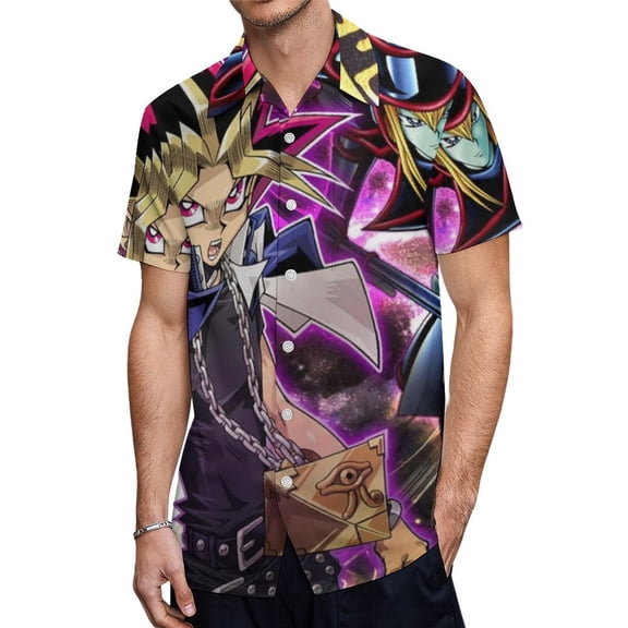 Anime Yu-Gi-Oh Men's Casual Button-Down Shirts Summer Short Sleeve Tee Shirt Daily Hawaiian Beach Shirt Top With Pocket