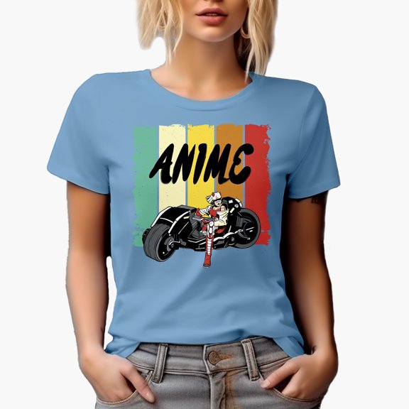 Anime with Motorcycle Rider, Baby Blue T-Shirt, Small