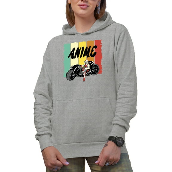 Anime with Motorcycle Rider, Heather Grey Hooded Sweatshirt or Hoodie, Large