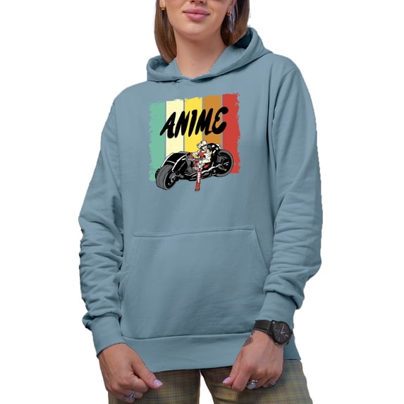 Anime with Motorcycle Rider, Light Blue Hooded Sweatshirt or Hoodie, Large