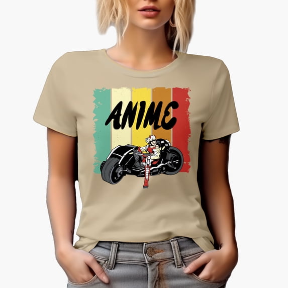 Anime with Motorcycle Rider, Tan T-Shirt, Large