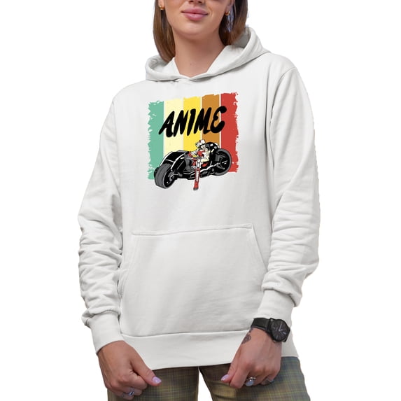 Anime with Motorcycle Rider, White Hooded Sweatshirt or Hoodie, Small