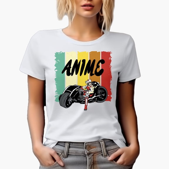 Anime with Motorcycle Rider, White T-Shirt, Large