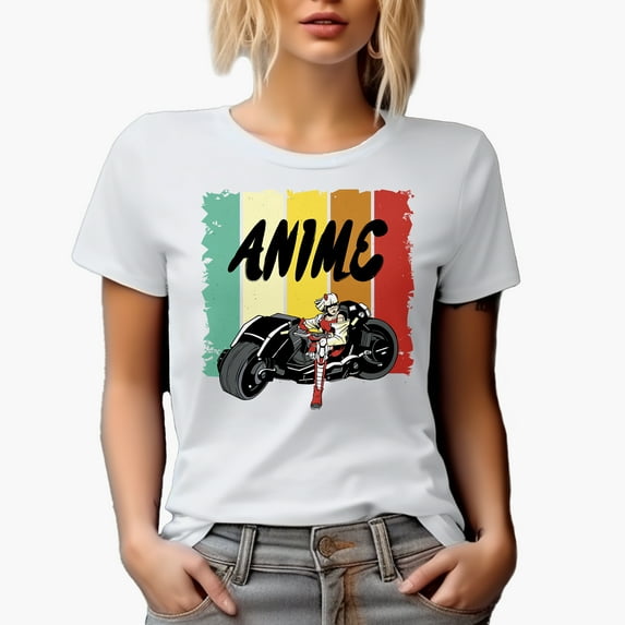 Anime with Motorcycle Rider, White T-Shirt, Small