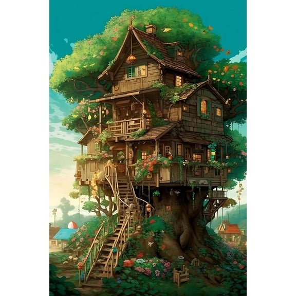 AnimeWall Art - Tree of Life - Magic Treehouse - Colorful Painting Cozy Pictures Printed Canvas Crafts - for Bedroom Decor Shop Decor Gifts Frameless 8x10inch