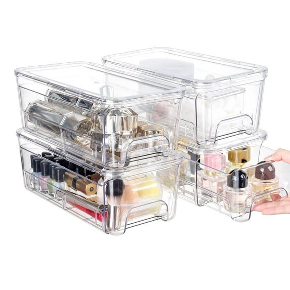 Animid Acrylic Stackable Storage Drawers, 4Pack Clear Vanity Makeup Organizer, 12"D*6.2"W*4.3"H Plastic Drawer Bathroom Storage and Organization, Desk Medicine Cabinet Bins Baby Bottle Organizer C104