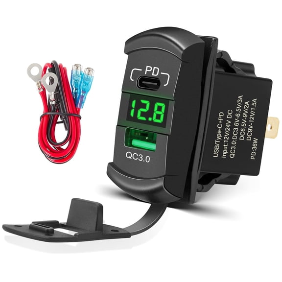 Anina USB C Rocker Switch Insert 12V 24V 30W USB A PD Outlet Socket with LED Voltage Display 18W QC 3.0 Charger Replacement for Marine Cars Truck Van Boat RV Motorcycle ATV