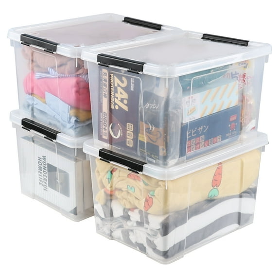 Aninhao 34 Quart Plastic Latching Storage Box, Clear Storage Bins with Rolling Wheels, Set of 4