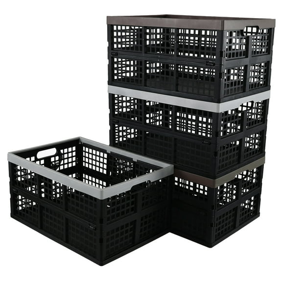 Aninhao 4 Pack 42 Liter Plastic Foldable Storage Crates, Large Stackable Milk Crates