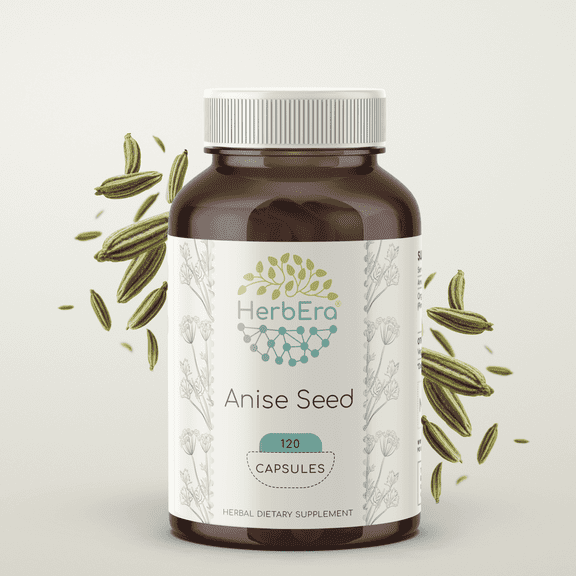 HerbEra Anise Seed Capsules, Herbal Dietary Supplement for Digestive Support, Anise (Pimpinella Anisum) Dried Seed Capsules, Natural, 120 Capsules