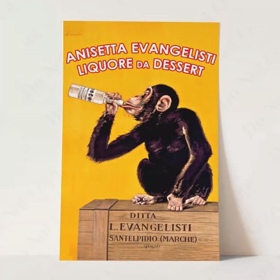 Anisetta Evangelisti Drinking Monkey Vintage Ad Funny Wall Art Poster Print Home Decor Office Wall Art