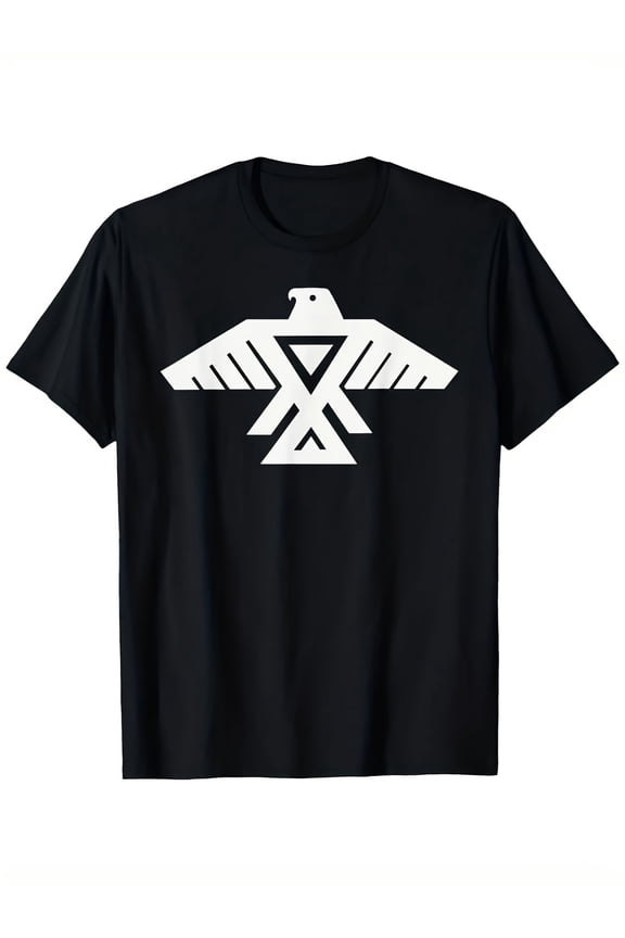 Anishinaabe Thunderbird Flag Symbol T-Shirt | Black with White Full-Body Print, Casual Streetwear Summer Tee for Men & Women, Regular Fit Round Neck, Machine Washable, Cultural Apparel, Graphic Tee
