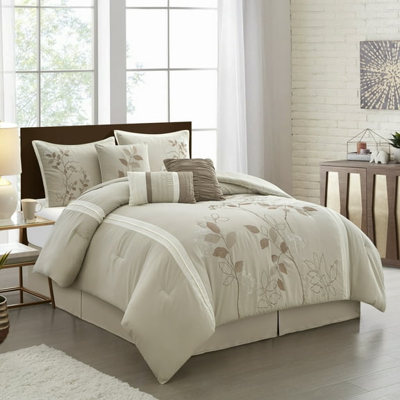 Anissa 7 Piece Comforter Set, King, Beige