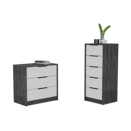 Aniston 2 Piece Bedroom Set, Kaia 3 Drawer Dresser + Kaia 5 Drawer Dresser, White / Smokey Oak