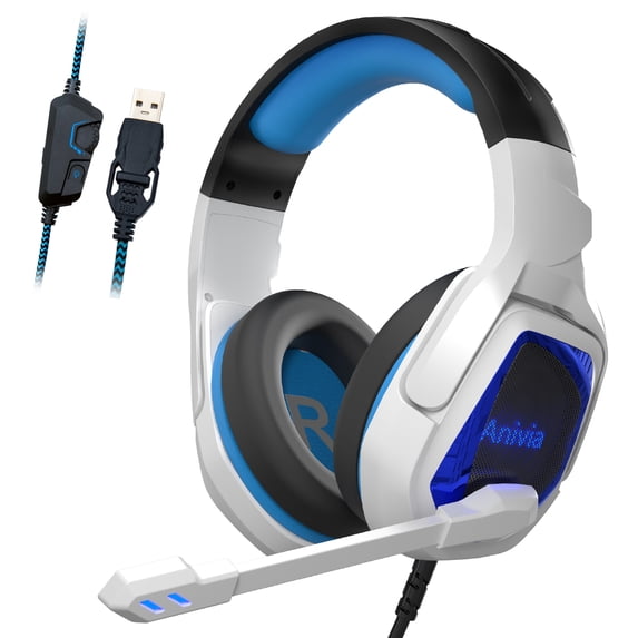 Anivia Virtual 7.1 USB Gaming Headsets with Microphone Computer Headset Surround Sound Headphones , Volume-Control, Led Light for PC, Mac, Desktop--White&Blue