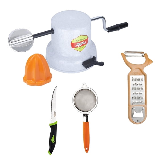 Anjali 4 Piece Kitchen Tool Set, Coconut Scraper, Peeler, 9 Inch Knife and Plastic Strainer, Food Preparation Set