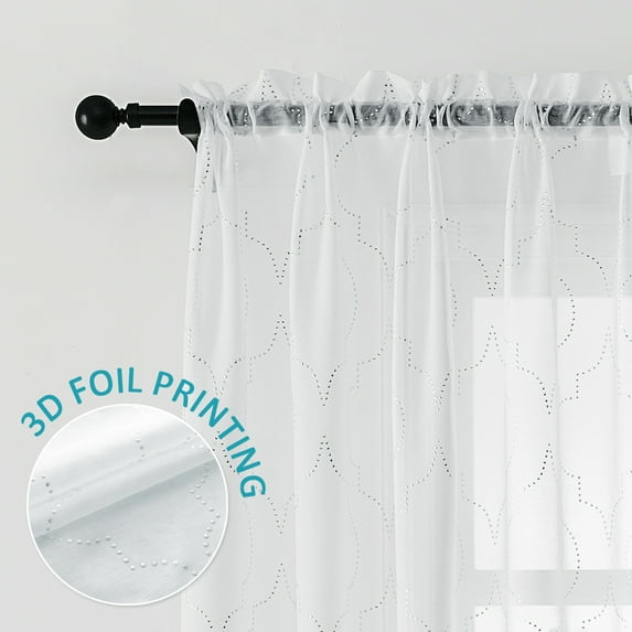 Anjee 2 Panels Voile Sheer Curtains, White Polyester Semi Window Drapes with Printed Patterns, Rod Pocket, 52" x 63"