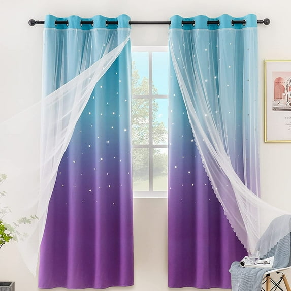 Anjee Blackout Curtains for Kids Girls Bedroom Curtain,Star Curtain Dual Layer Curtains with Sheer 2 Panel Set,52" x 84",Blue Purple