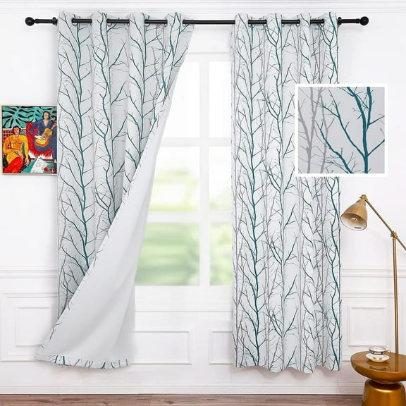 Anjee Blackout Curtains for Bedroom Set of 2, Teal Tree Print Grommet Blocking Window Panels for Living Room, 52" x 96"