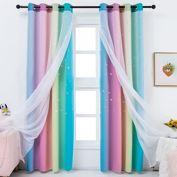 Anjee Blackout Curtains for Kids Girls Bedroom Curtain,Star Curtain Dual Layer Curtains with Sheer 2 Panel Set,52" x 95",Blue Pink Yellow