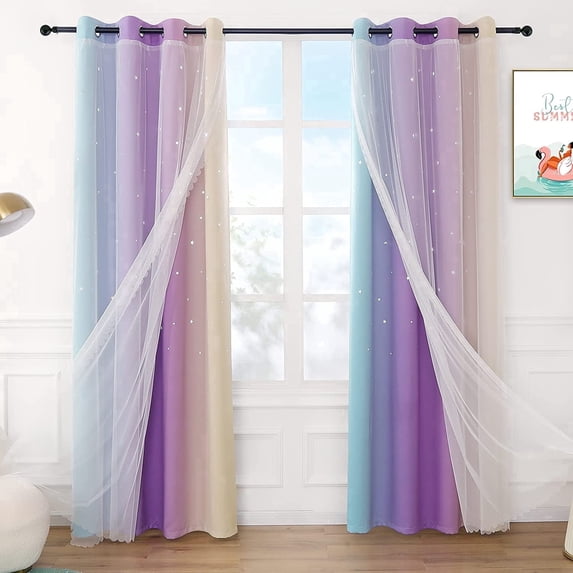 Anjee Blackout Curtains for Kids Girls Bedroom 2 Panel Curtains,Star Curtain Dual Layer Curtains with Sheer, 52" x 95",Blue Purple Yellow
