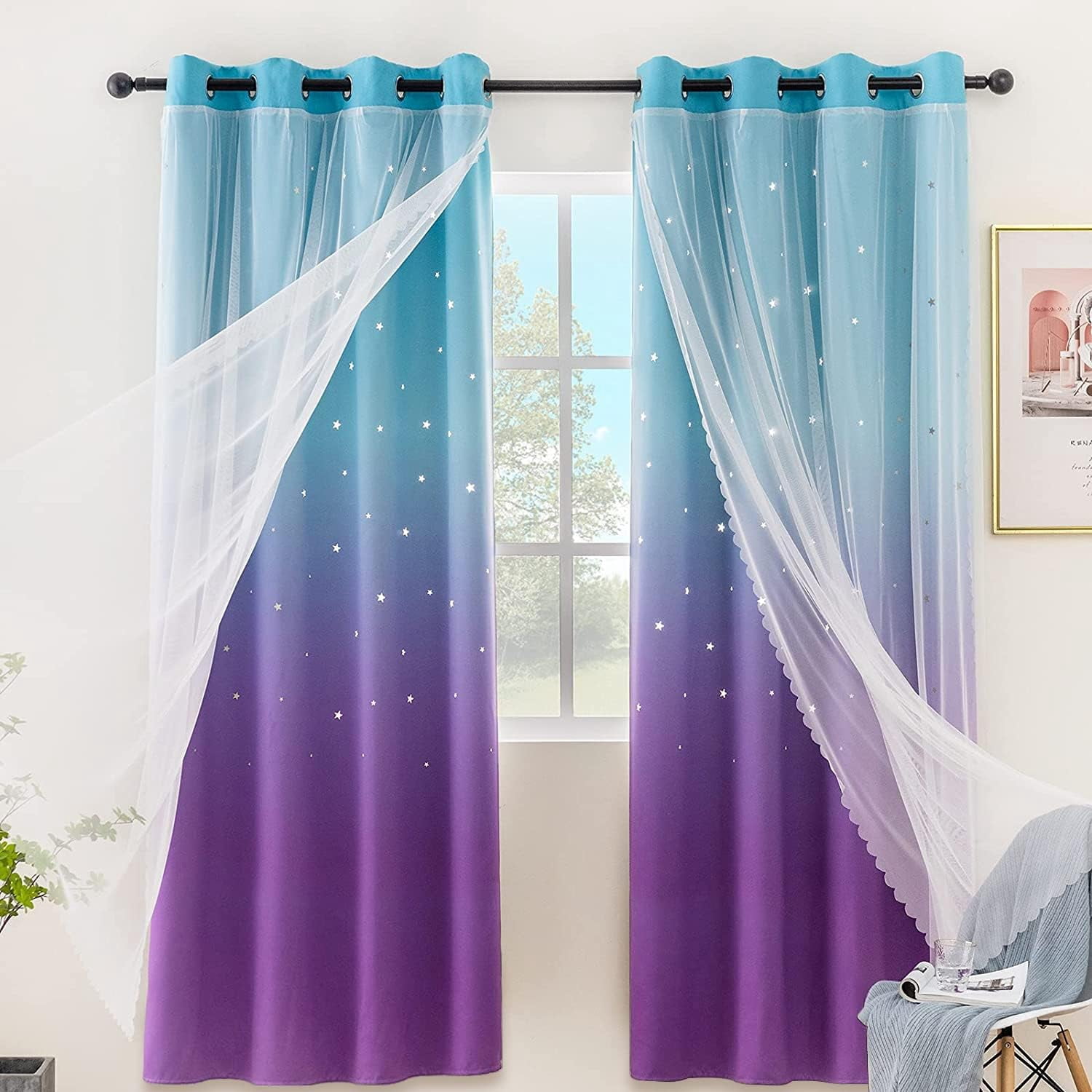 Anjee Blackout Curtains for Kids Girls Bedroom Curtain,Star Curtain Dual Layer Curtains with Sheer 2 Panel Set,52" x 95",Blue Purple