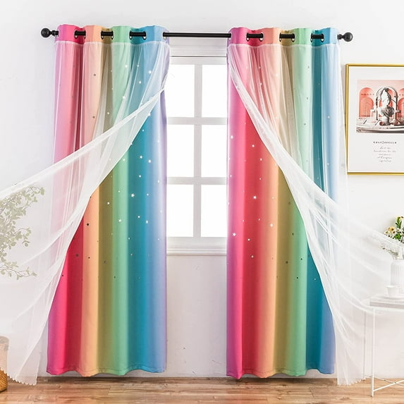 Anjee Blackout Curtains for Kids Girls Bedroom Curtain,Star Curtain Dual Layer Curtains with Sheer 2 Panel Set,52" x 63",Rainbow Color